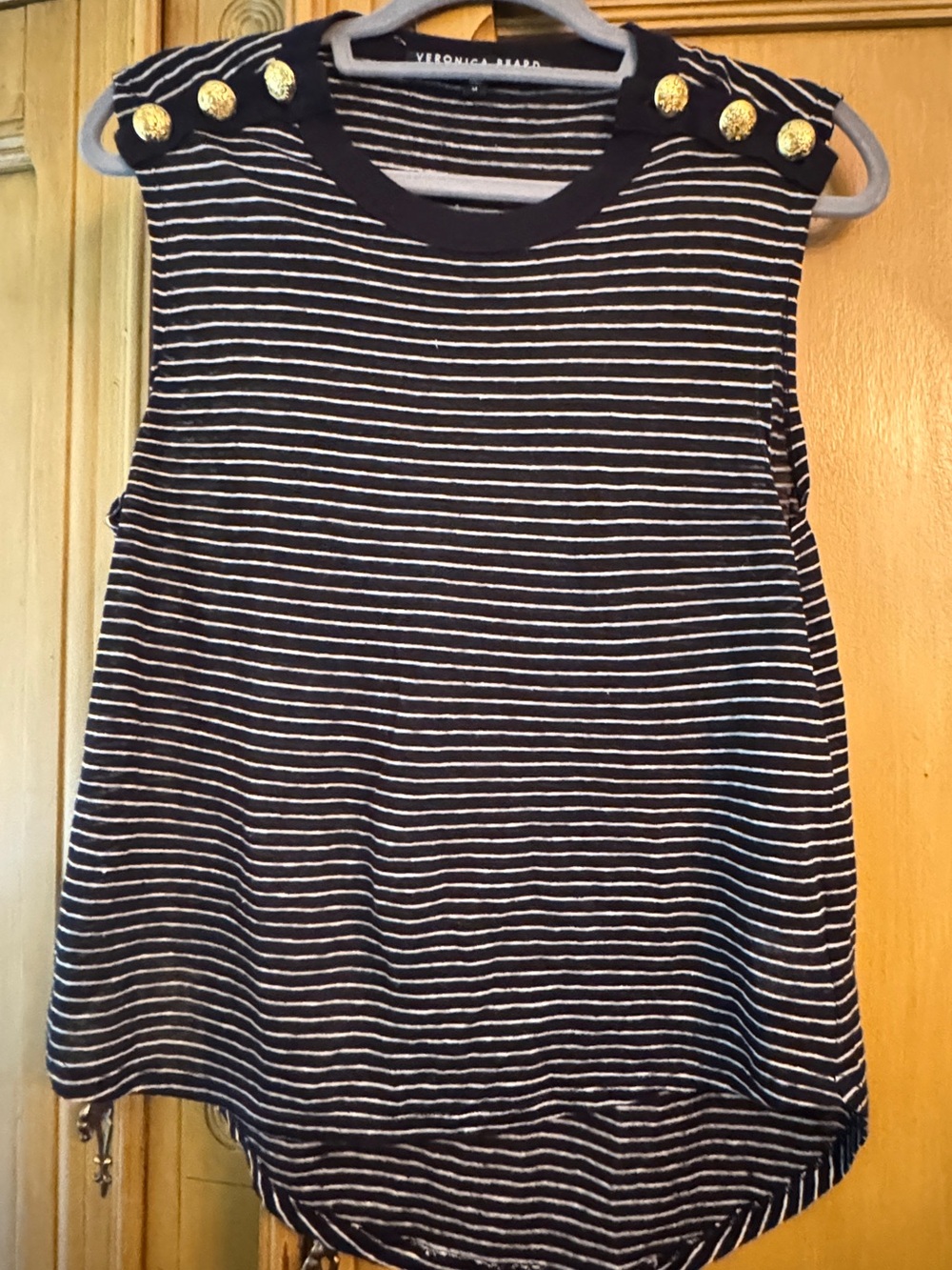 Veronica Beard Jeans Linen Striped Button Shoulder Top Navy White M